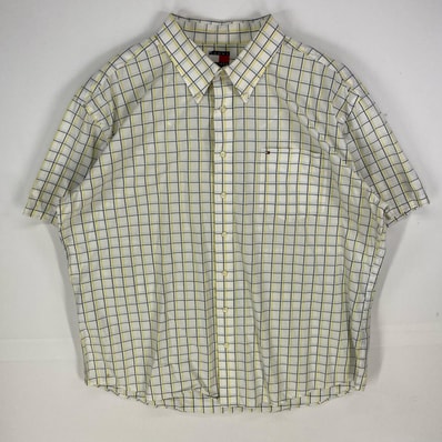 古着 トミーヒルフィガー TOMMY HILFIGER 半袖シャツ ワンポイントロゴ ボタンダウン 大きいサイズ 2XL ホワイト系 チェック メンズ
