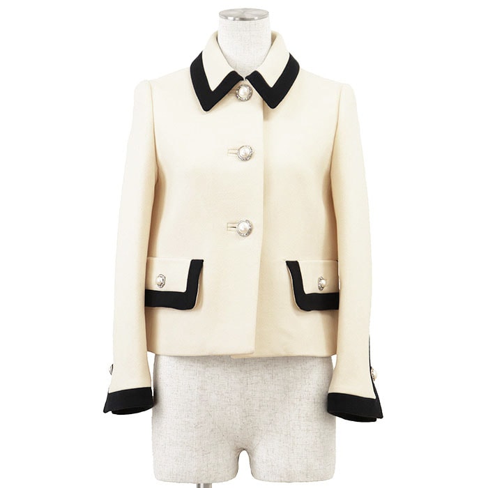 【極美品】Miu Miu ミュウ・ミュウ ジャケット ウール100%メルトン 2018年製 フェイクパール x クリスタルビジュー ボタン 3B ショートレングス バイカラー アウター レディース サイズ 36 アイボリー ネイビー 紺 イタリア製