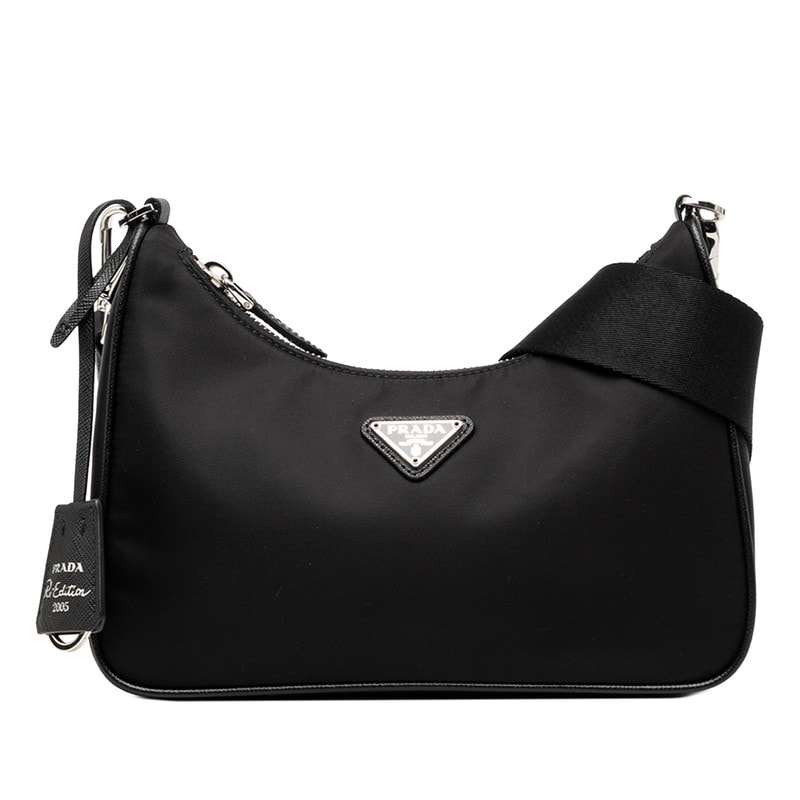 プラダ 三角ロゴプレート 2005 Re-Edition リナイロン 斜め掛け ショルダーバッグ ブラック ナイロン レザー レディース PRADA 【中古】