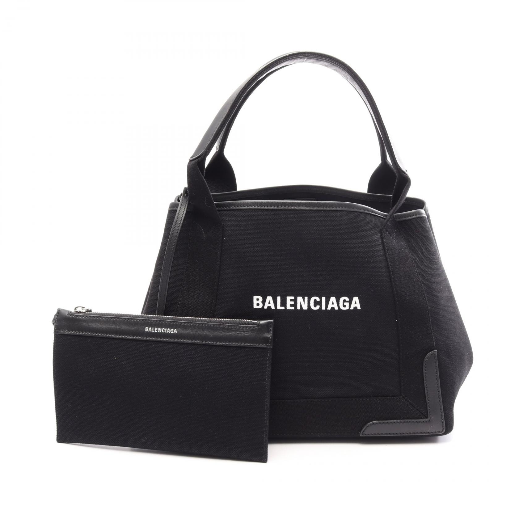 バレンシアガ BALENCIAGA NAVY CABAS S ネイビーカバ トートバッグ バッグ レザー キャンパス レディース ブラック系 339933 【中古】