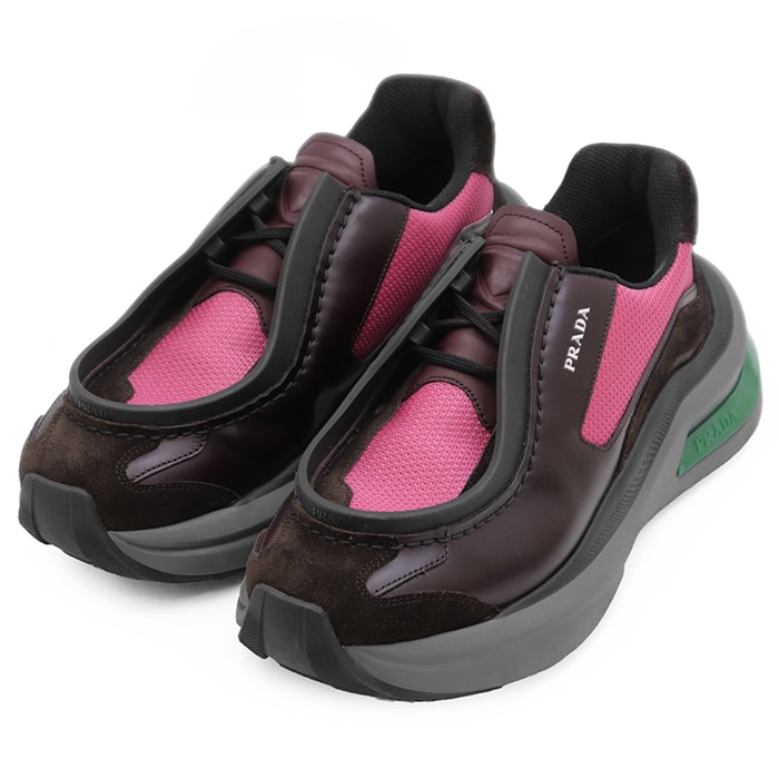 【美品】PRADA プラダ スニーカー システム サイズ 6 メンズ トライアングルロゴ スウェード/テクニカルメッシュ/レザー ハイブリッド モックトゥ 厚底 靴 箱・袋付属 ブラウン バーガンディ ピンク 茶色 桃色 伊製 2EG424