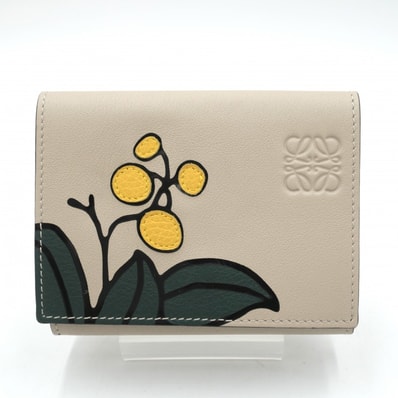 LOEWE(ロエベ)三つ折り財布 コンパクトウォレット ベージュ レザー ボタニカル フラワー レディース ウォレット 財布【中古】