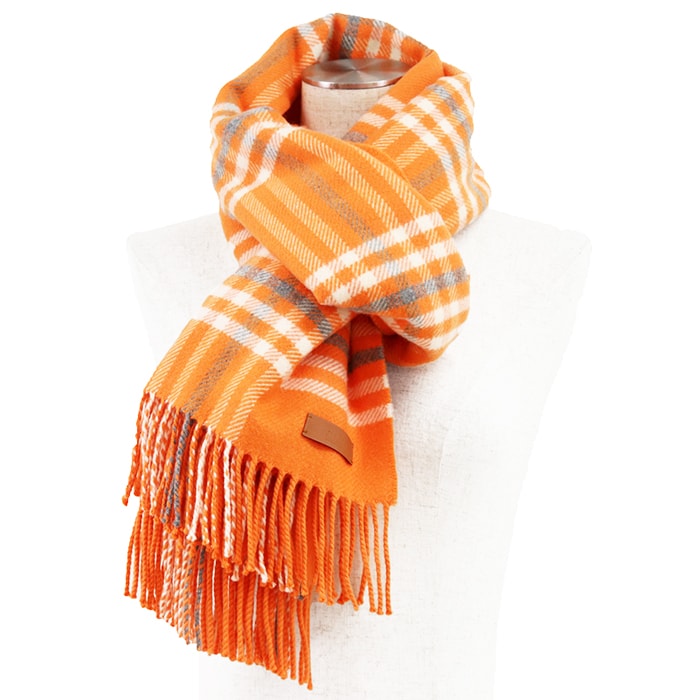 【極美品】HERMES エルメス マフラー 大判 カシミヤ100% メンズ レディース ユニセックス チェック フリンジ 小物 オレンジ ホワイト 白 橙色 英国製