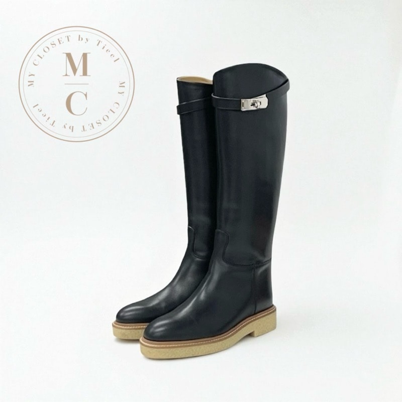 エルメス HERMES フォースティン ブーツ ロングブーツ 靴 シューズ レザー ブラック 黒 シルバー ケリー金具