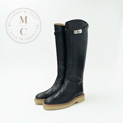 エルメス HERMES フォースティン ブーツ ロングブーツ 靴 シューズ レザー ブラック 黒 シルバー ケリー金具