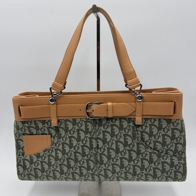 Christian Dior(クリスチャンディオール)トロッター トートバッグ ハンドバッグ ベルトデザイン カーキ キャンバス レザー シルバー金具 レディース【中古】