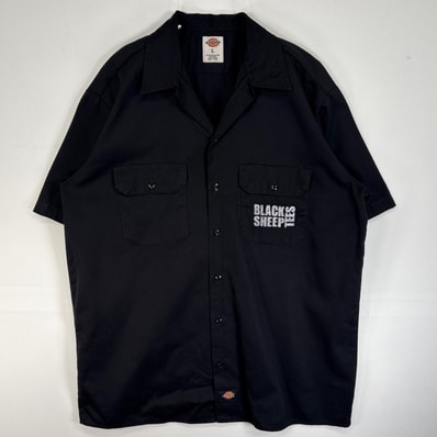 古着 ディッキーズ Dickies 半袖シャツ ワーク フラップポケ 企業 BLACK SHEEP バイク モーターカルチャー L ブラック 両面プリント メンズ