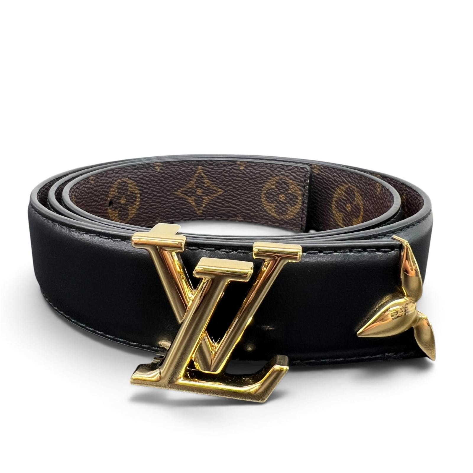 LOUIS VUITTON 極美品 ルイヴィトン プリティー LV 30MM リバーシブル ベルト M0699 モノグラム PVC レザー ブラック ゴールド BC5204 #85/34 LV ヴィトン Aランク 中古 鑑定済 ヴィトンベルト