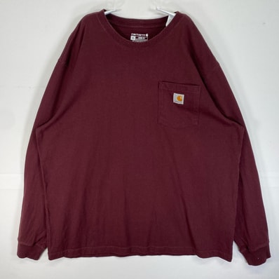 古着 カーハート Carhartt 長袖Tシャツ ワーク 肉厚 ワンポイント ロゴ 胸ポケット XL ワインレッド系 無地 メンズ
