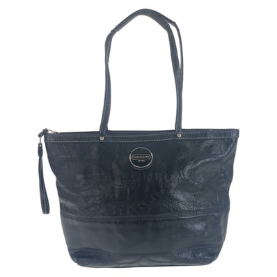 COACH コーチ ビッグシグネチャー ブラック シルバー金具 レザー トートバッグ ショルダーバッグ 408171 【中古】