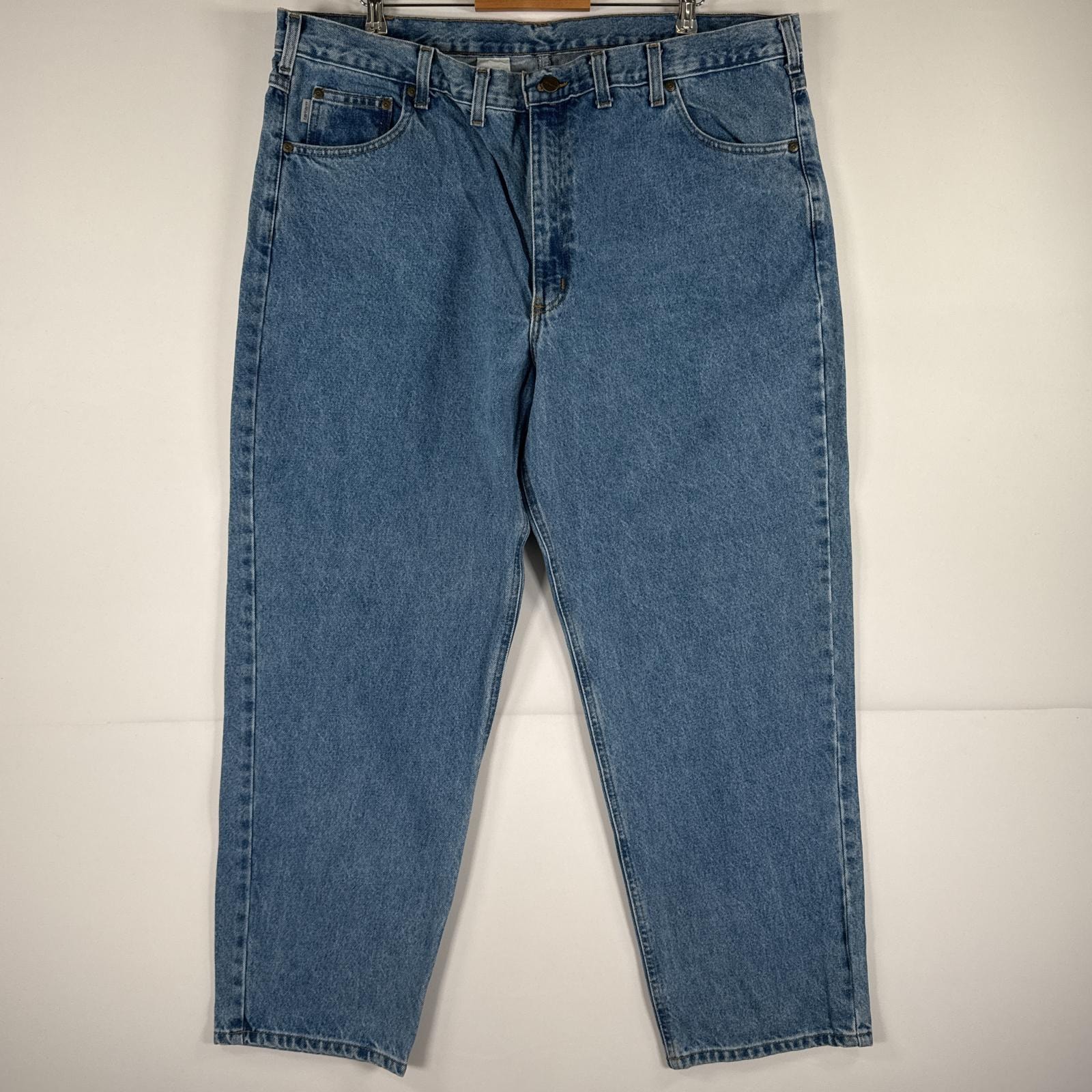 古着 カーハート Carhartt デニムパンツ ジーパン 5ポケット ワンポイント ロゴ ワークパンツ テーパード 大きいサイズ w44 L30  ブルー メンズ