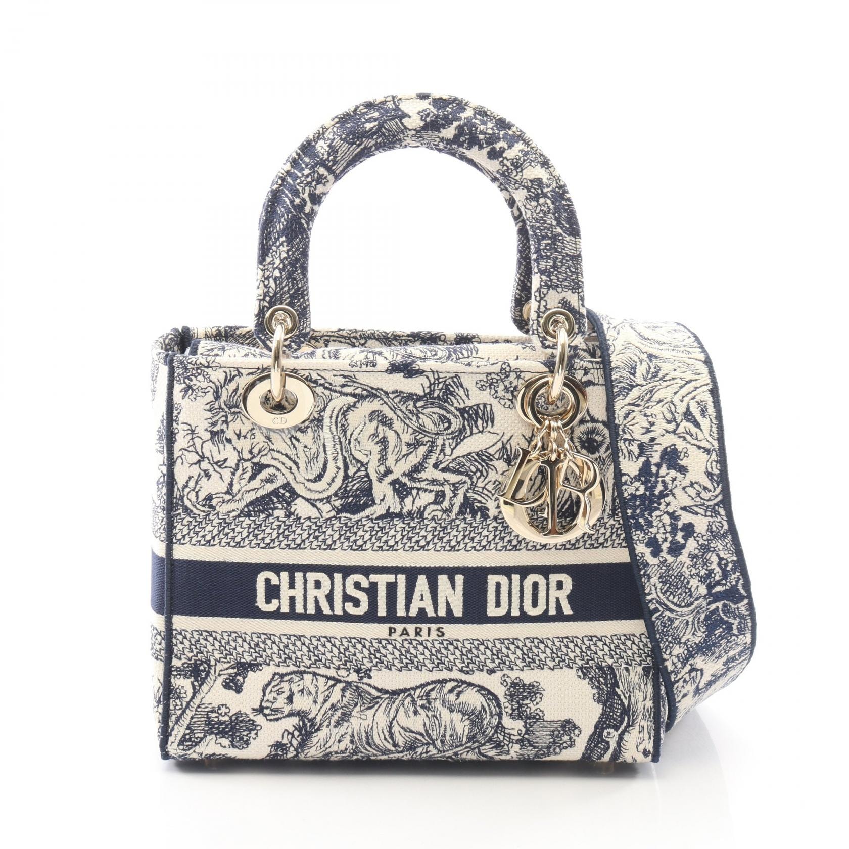 ディオール Dior LADY D-LITE ミディアム 2WAY ハンドバッグ バッグ キャンバス レディース ホワイト系 / ネイビー系 M0565OTDT_M808 【中古】