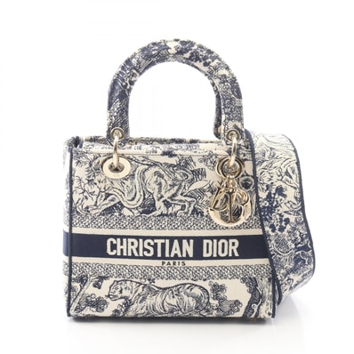 ディオール Dior LADY D-LITE ミディアム 2WAY ハンドバッグ バッグ キャンバス レディース ホワイト系 / ネイビー系 M0565OTDT_M808 【中古】