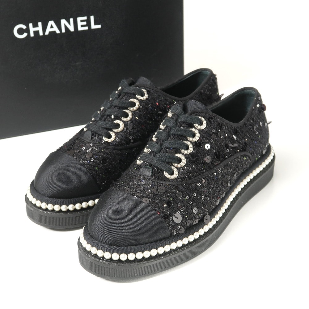 ■美品■CHANEL シャネル スニーカー サイズ35 CCロゴ ココマーク スパンコール イミテーションパール装飾 イタリア製 ブランド古着【中古】20260112/RA6887