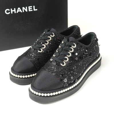 ■美品■CHANEL シャネル スニーカー サイズ35 CCロゴ ココマーク スパンコール イミテーションパール装飾 イタリア製 ブランド古着【中古】20260112/RA6887