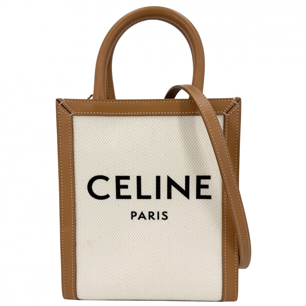 CELINE セリーヌ 2WAY ミニ バーティカルカバ ミニハンドバッグ ショルダーバッグ キャンバス  レザー   アイボリー ブラウン 茶 ゴールド金具 レディース 美品【中古品】