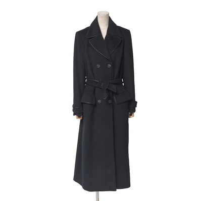 OLD CELINE オールドセリーヌ ヴィンテージ コート サイズ40 ダブル ベルテッド レザートリム ロングコート カシミヤ混 アンゴラ混 ブランド古着【中古】20260323/RA8484