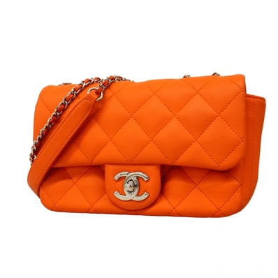 【6cd4935】シャネル ショルダーバッグ ミニマトラッセ Wチェーン レザー オレンジ シルバー金具【中古】レディース
