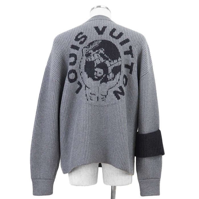 【美品】LOUIS VUITTON ルイ・ヴィトン ニット サイズ M メンズ  ワールドロゴジャガード バックロゴ ミドルゲージ RM192 OZJ HNH89W クルーネック ウール100% トップス グレー 灰色
