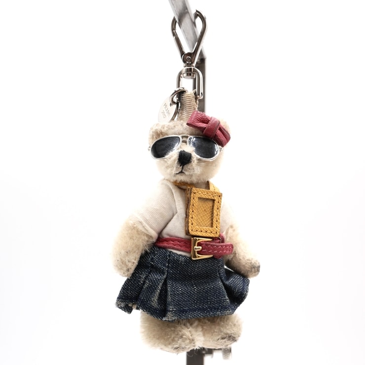 PRADA(プラダ)ベアトリック テディベア バッグチャーム キーホルダー 2012年 ヴィンテージ クマ ぬいぐるみ サングラス リボン デニムスカート ベージュ マルチカラー レディース【中古】