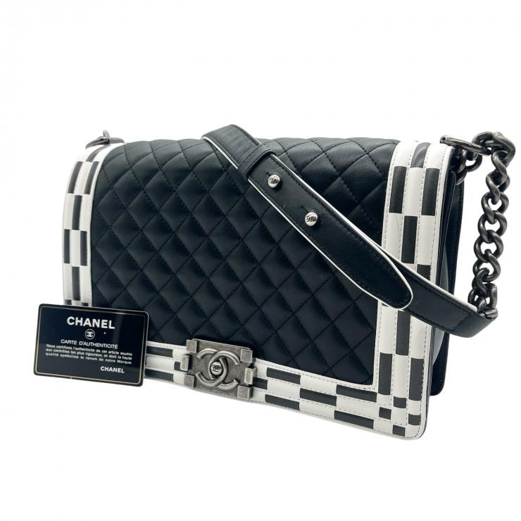 CHANEL シャネル ショルダーバッグ ボーイシャネル28 チェーンショルダーバッグ バッグ ラムスキン マトラッセ ブラック ホワイト シルバー金具 ★美品★★ギャラ付★