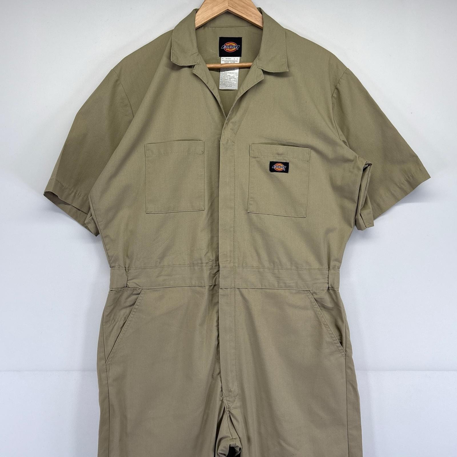古着 ディッキーズ Dickies 半袖つなぎ オールインワン ワーク 作業着 ワンポイントロゴ MR  ベージュ系 メンズ
