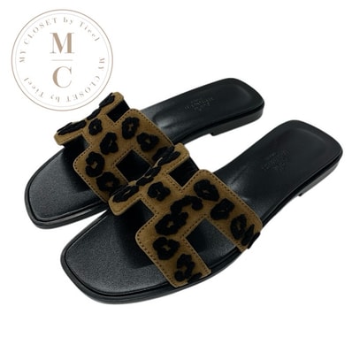 エルメス HERMES オラン サンダル 靴 シューズ シェーヴル ブラウン ブラック レオパード