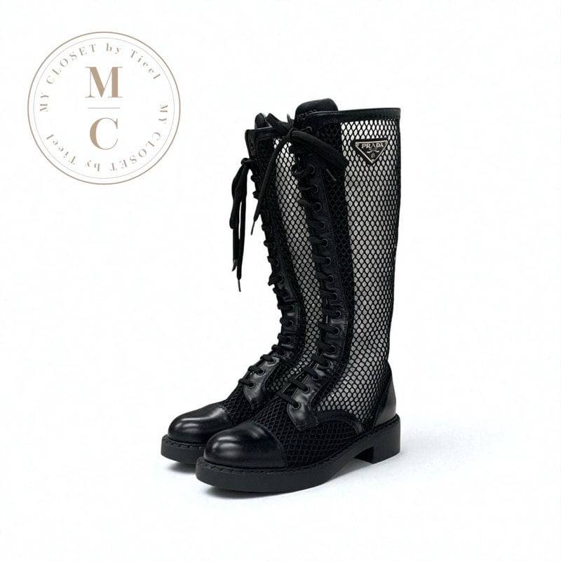 プラダ PRADA ブーツ ロングブーツ 靴 シューズ メッシュ レザー ブラック 黒 トライアングルロゴ レースアップ