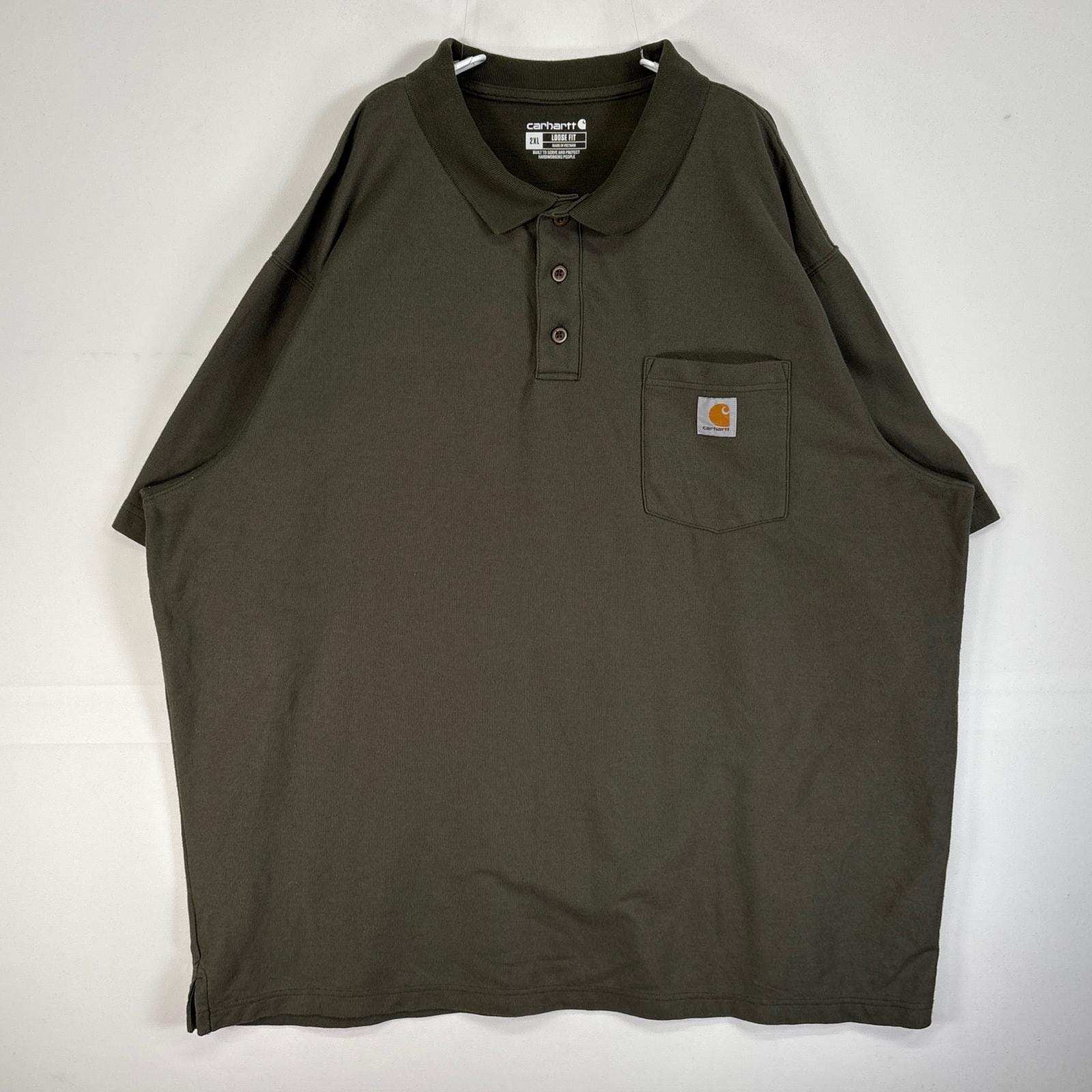 古着 カーハート Carhartt 半袖 ポロシャツ ワーク 大きいサイズ 3ボタン ワンポイント ロゴ 2XL  カーキ 無地 メンズ