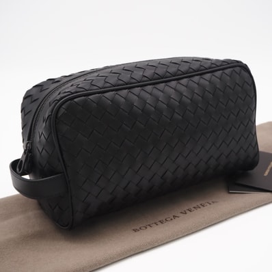 極美品 BOTTEGAVENETA ボッテガヴェネタ カーフスキン イントレチャート トラベルポーチ 729295VCPQ18803 セカンドバッグ ブラック カーフレザー メンズ