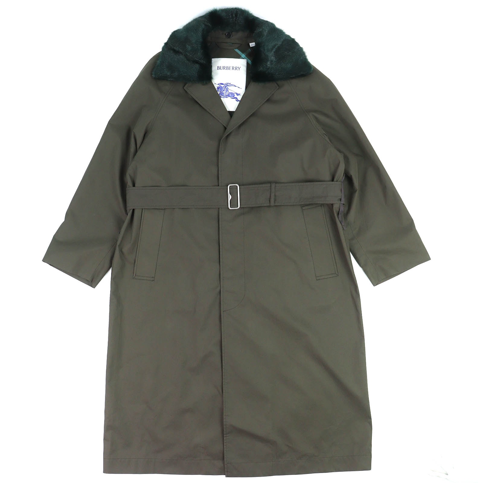 美品 バーバリー エコファー ベルト ロングコート カーキ 46 8078723