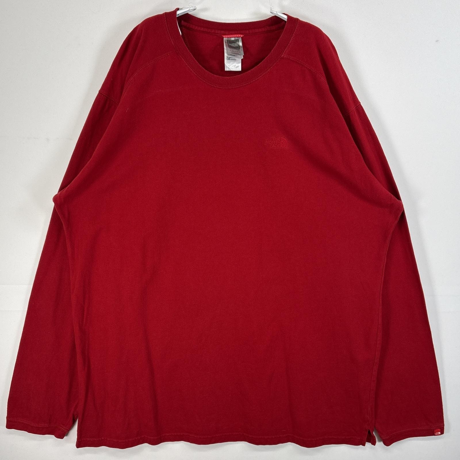 古着 ザ・ノースフェイス THE NORTH FACE 長袖Tシャツ ロゴ 刺繍 大きいサイズ クルーネック 14041 レッド 無地 メンズ