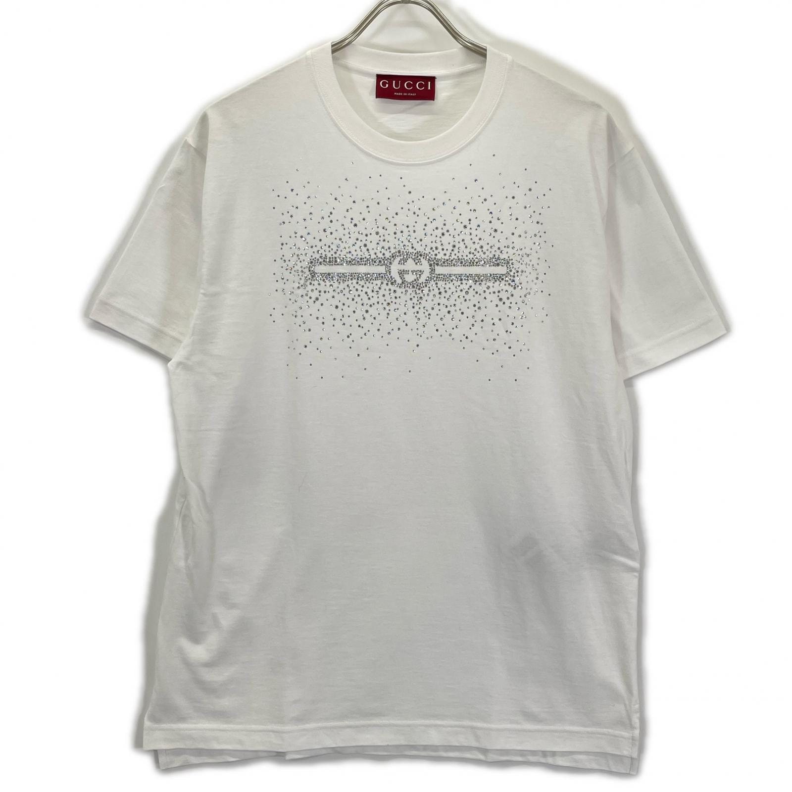 グッチ 25SS ホワイト クリスタル装飾付き コットン 半袖Tシャツ XS