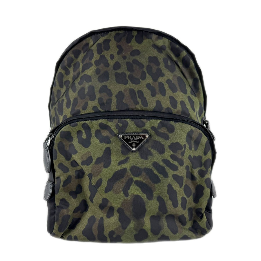 プラダ PRADA リュック レオパード ナイロン カーキ/ブラック/ブラウン シルバー レディース【中古】 z9413