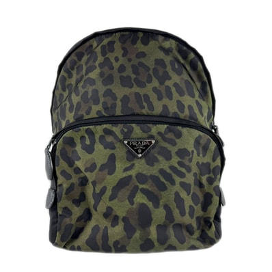 プラダ PRADA リュック レオパード ナイロン カーキ/ブラック/ブラウン シルバー レディース【中古】 z9413