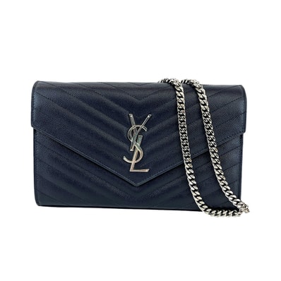 SAINT LAURENT サンローラン カサンドラ チェーンウォレット 長財布 ショルダーバッグ 377828 レザー ブラック シルバー レディース【中古】