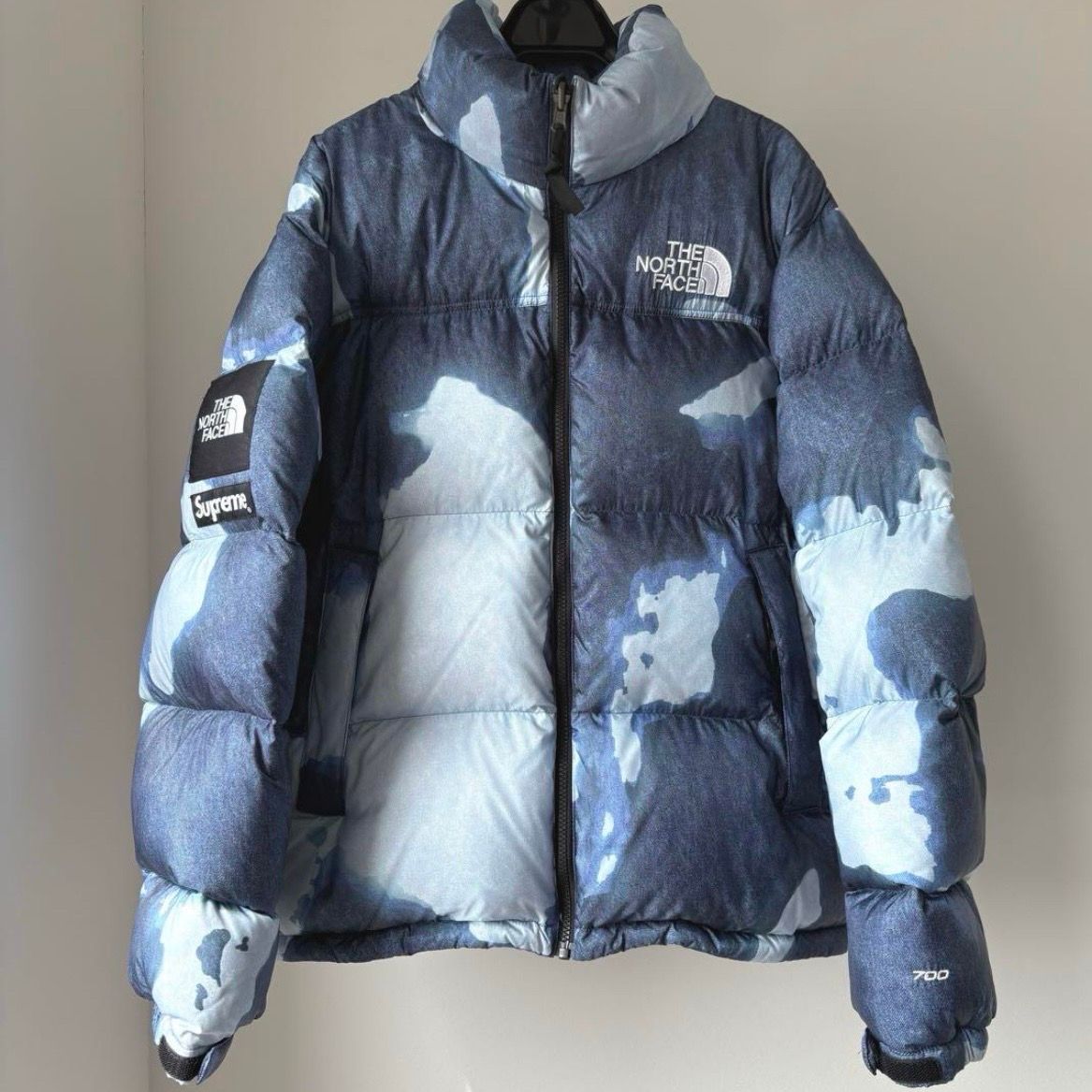 Supreme x The North Face Bleached Denim Print Nuptse Jacket "Indigo"