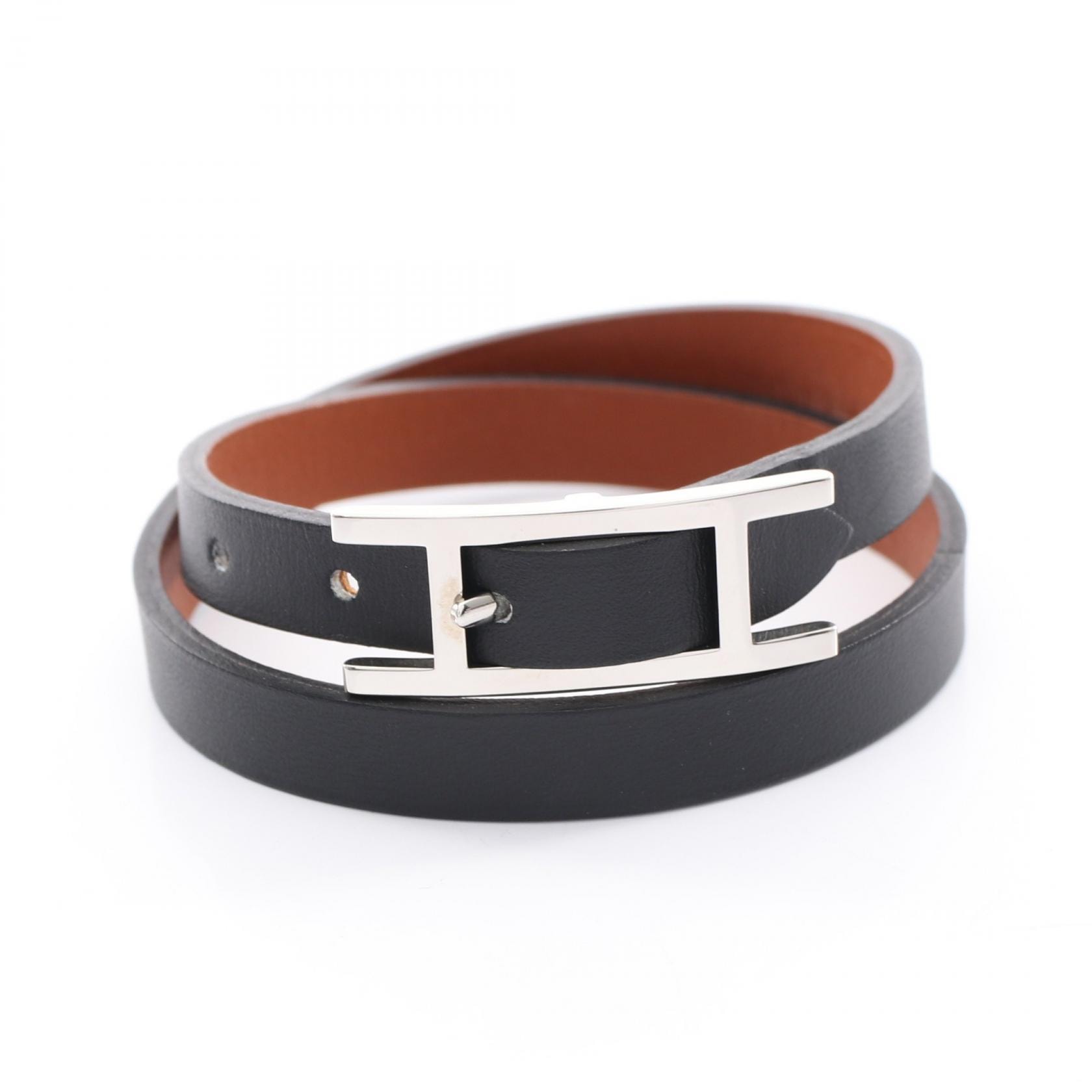 エルメス HERMES ビーアピ ドゥブルトゥール シルバー金具 リバーシブル ブレスレット アクセサリー レザー レディース ブラック系 【中古】