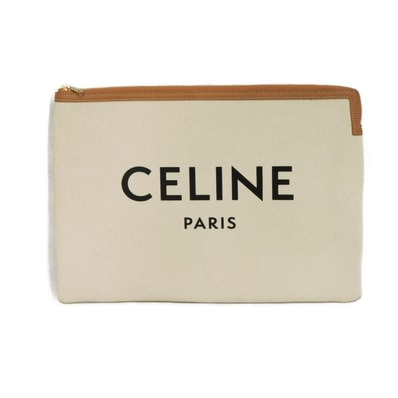 CELINE セリーヌ ロゴ キャンバス ラージ ポーチ カーフ タン ブラウン ドキュメントケース セカンドバッグ 新ロゴ ブラック コットン ナチュラル クラッチバッグ 10B80