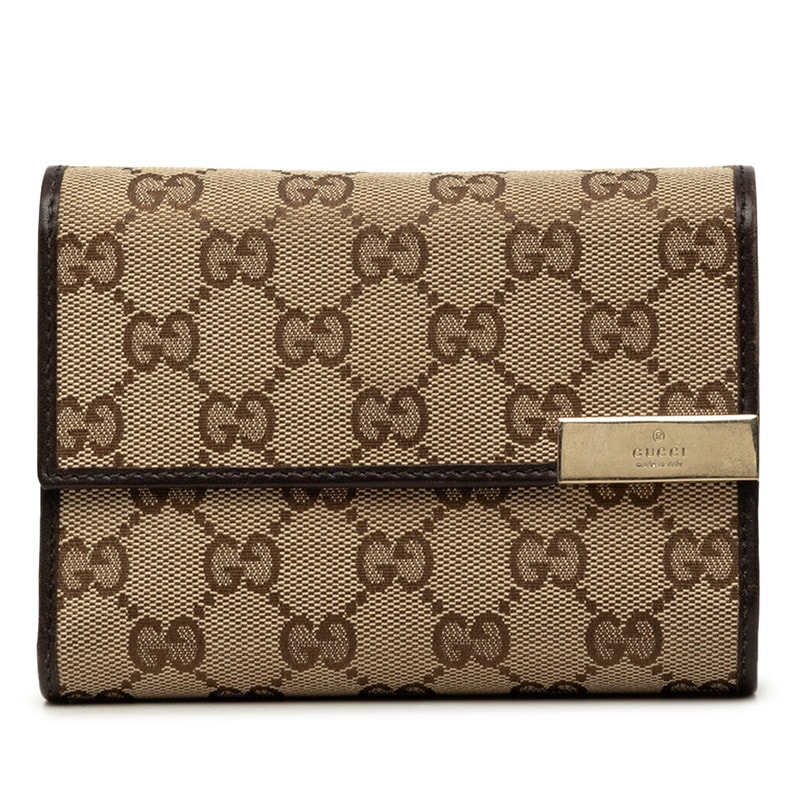 グッチ GGキャンバス 三つ折り財布 256935 ベージュ ブラウン キャンバス レザー レディース GUCCI 中古