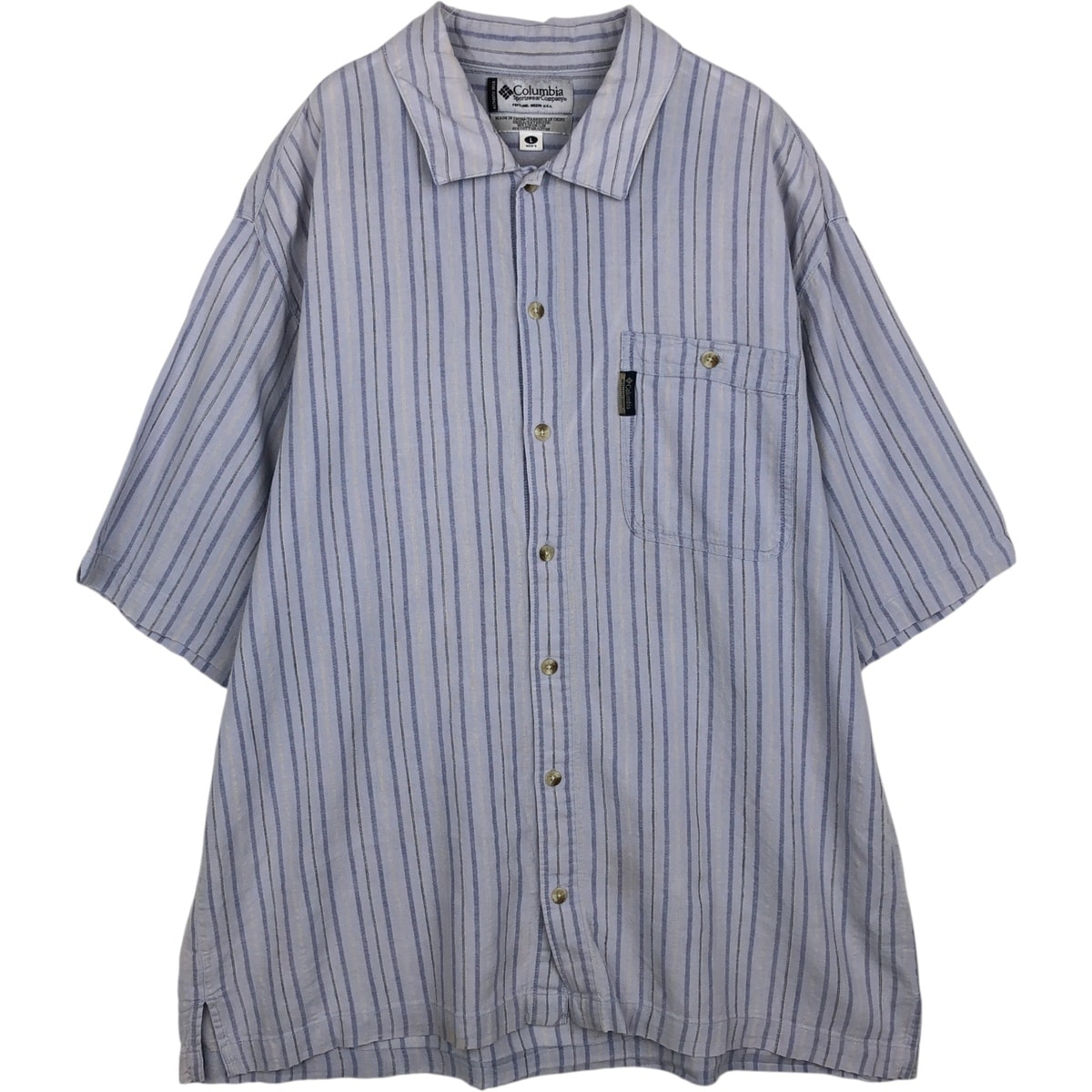 古着 コロンビア Columbia ストライプ柄 ワイドカラー 半袖 コットン×リネンシャツ ボックスシャツ メンズL相当/eaa641242