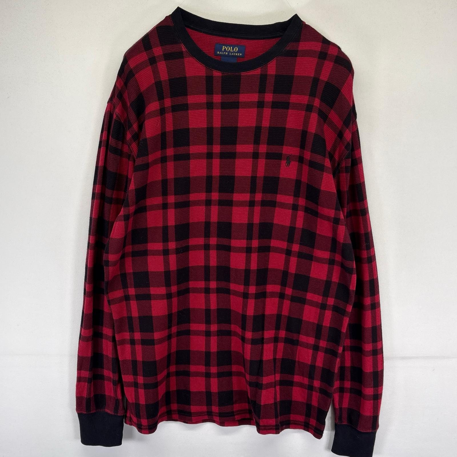 古着 ポロ・ラルフローレン POLO RALPH LAUREN 長袖Tシャツ ワンポイント サーマル 大きいサイズ XL  レッド系 チェック メンズ