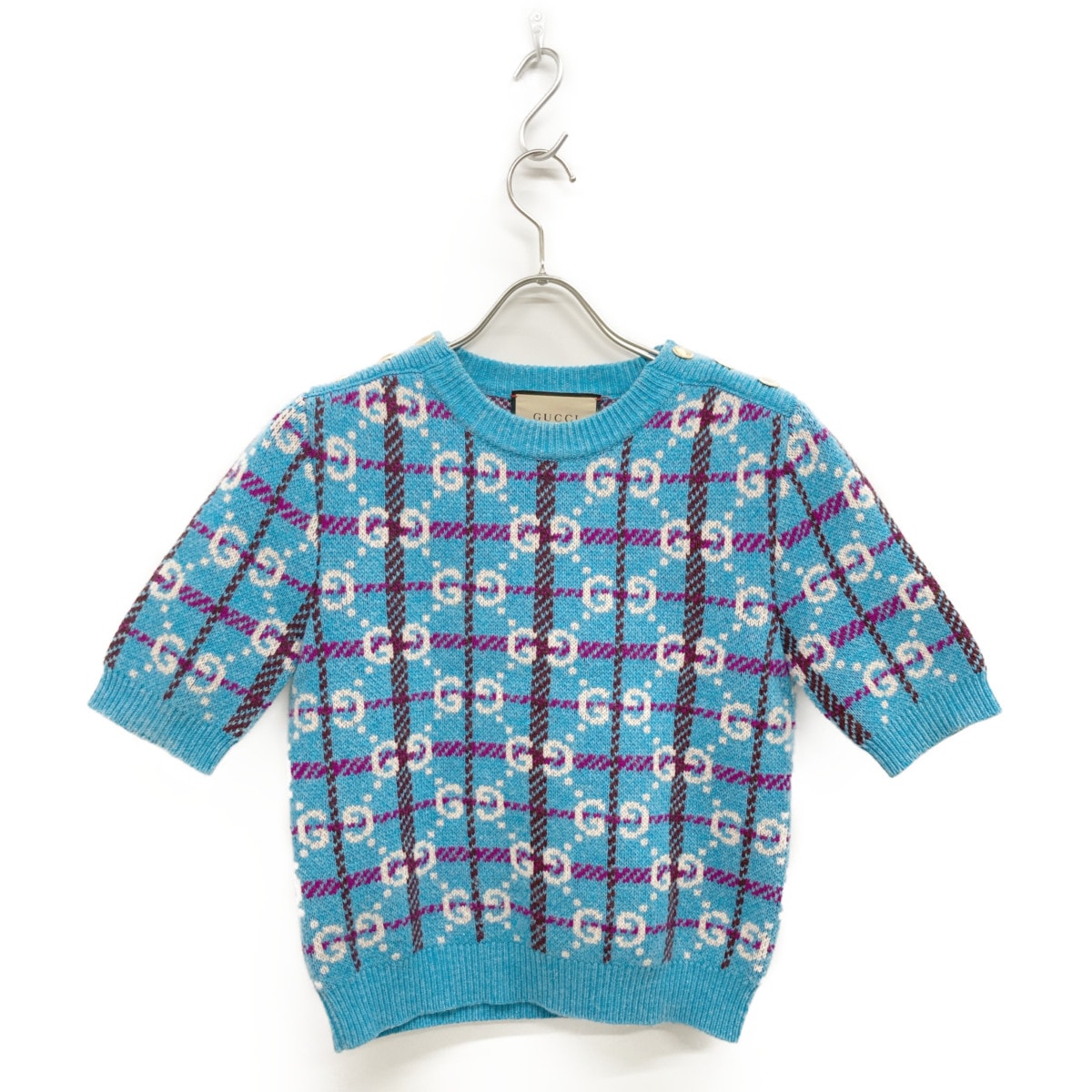 グッチ 23AW 731583 XKC1H ブルー ウール 金釦 GG×チェック ハーフスリーブニットプルオーバー XS