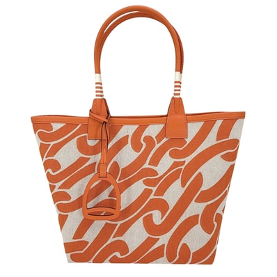 HERMES エルメス トートバッグ スティープル28 ハンドバッグ 肩掛け W刻印 キャンバス レザー オレンジ ベージュ シルバー金具 レディース 美品 2024年【中古品】