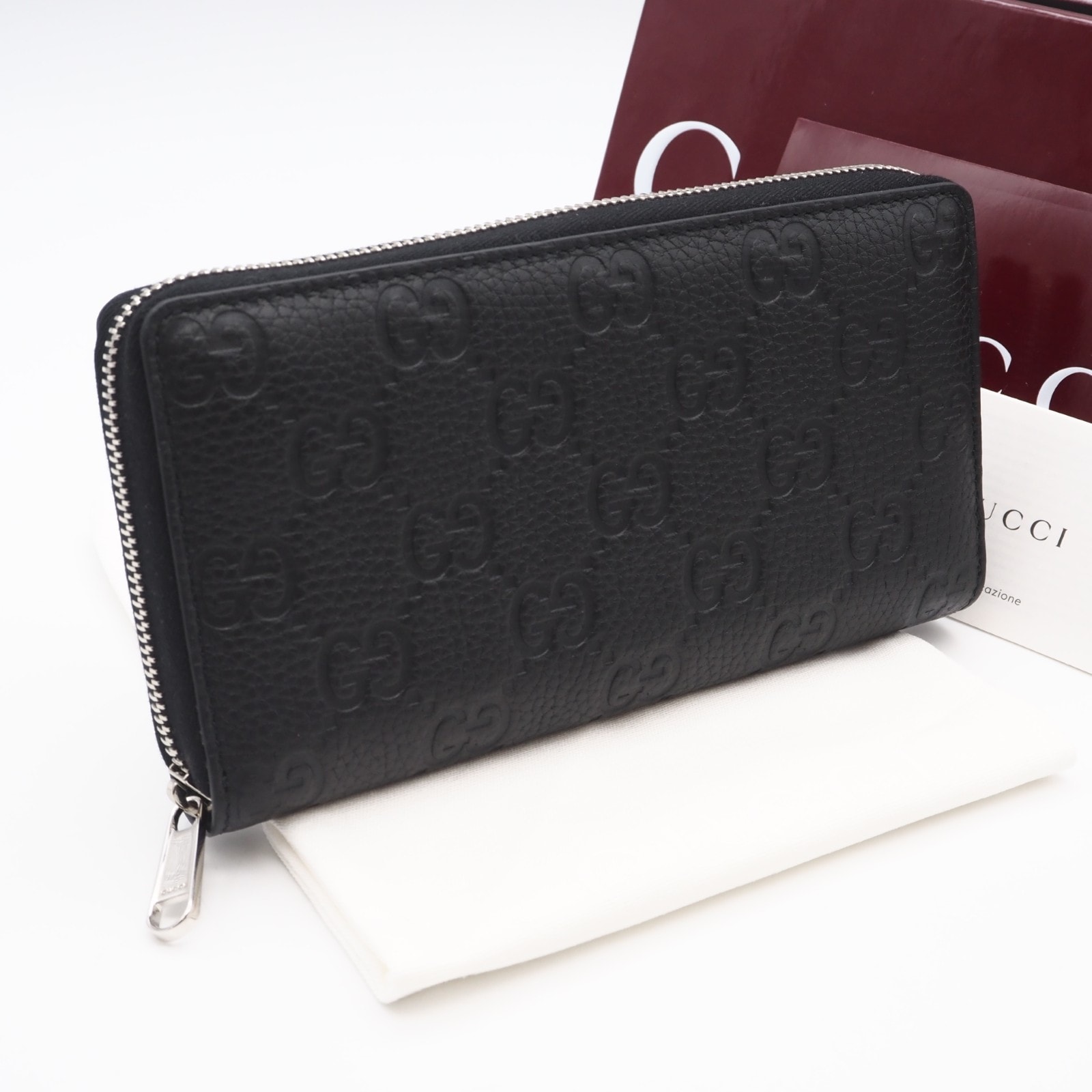 極美品 GUCCI グッチ GGエンボス ジップアラウンド ウォレット 835003 長財布 ブラック レザー メンズ