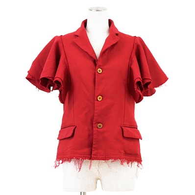 【極美品】COMME des GARCONS コムデギャルソン ジャケット サイズ S レディース レイヤードスリーブ ダメージ加工 フリンジ テーラードカラー ショート丈 半袖 アウター レッド 赤 日本製