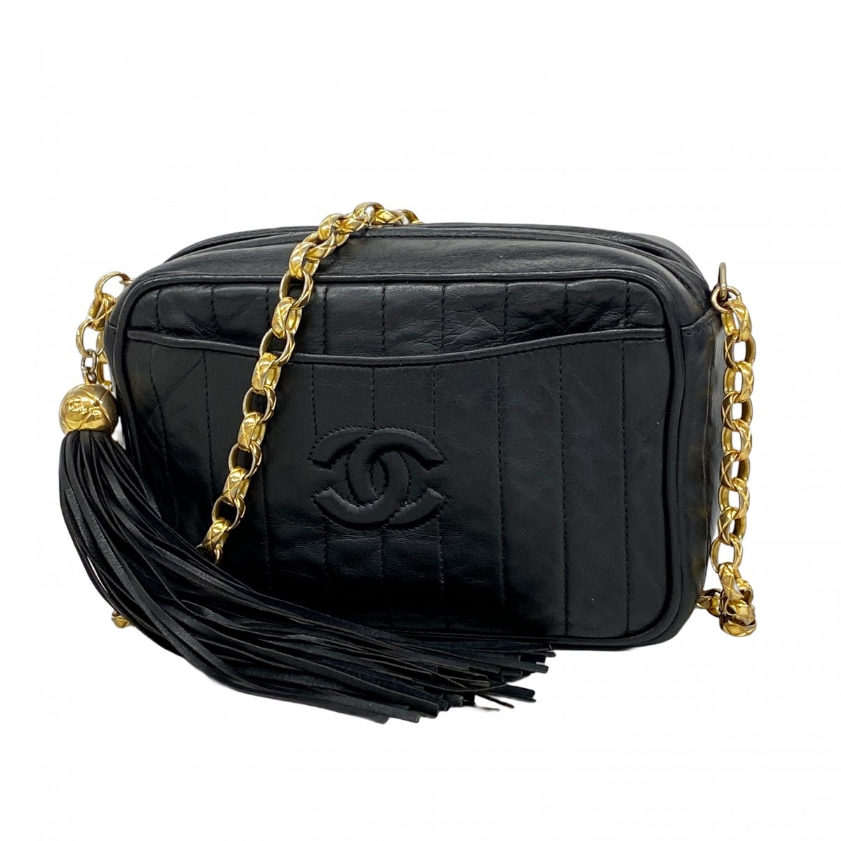 【6db1865-k】シャネル ショルダーバッグ マドモアゼル フリンジ付きチェーンショルダー ラムスキン ブラック ゴールド金具【中古】レディース