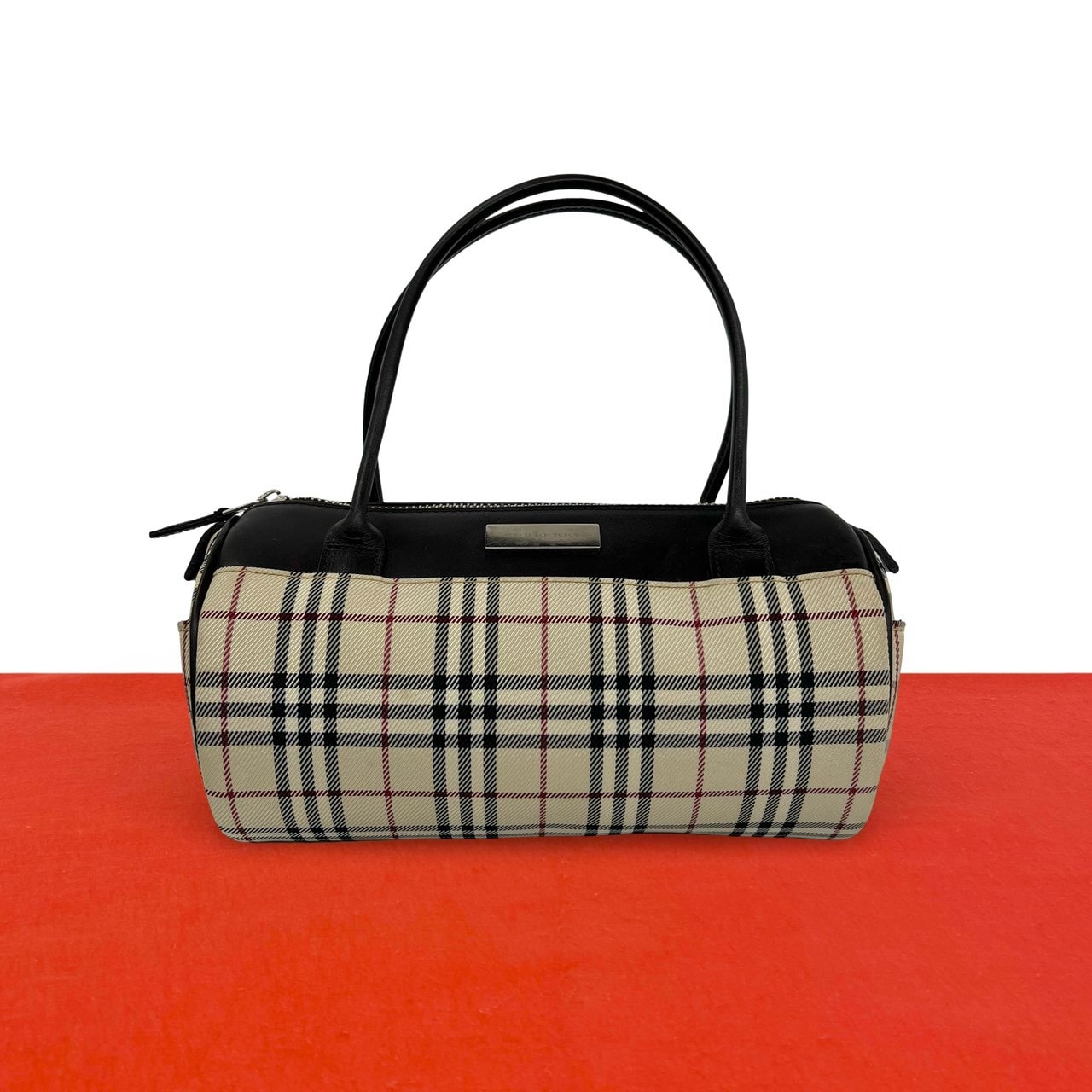 BURBERRY バーバリー ノバチェック 柄 ロゴ 金具 キャンバス レザー ハンドバッグ ブラウン
 19316