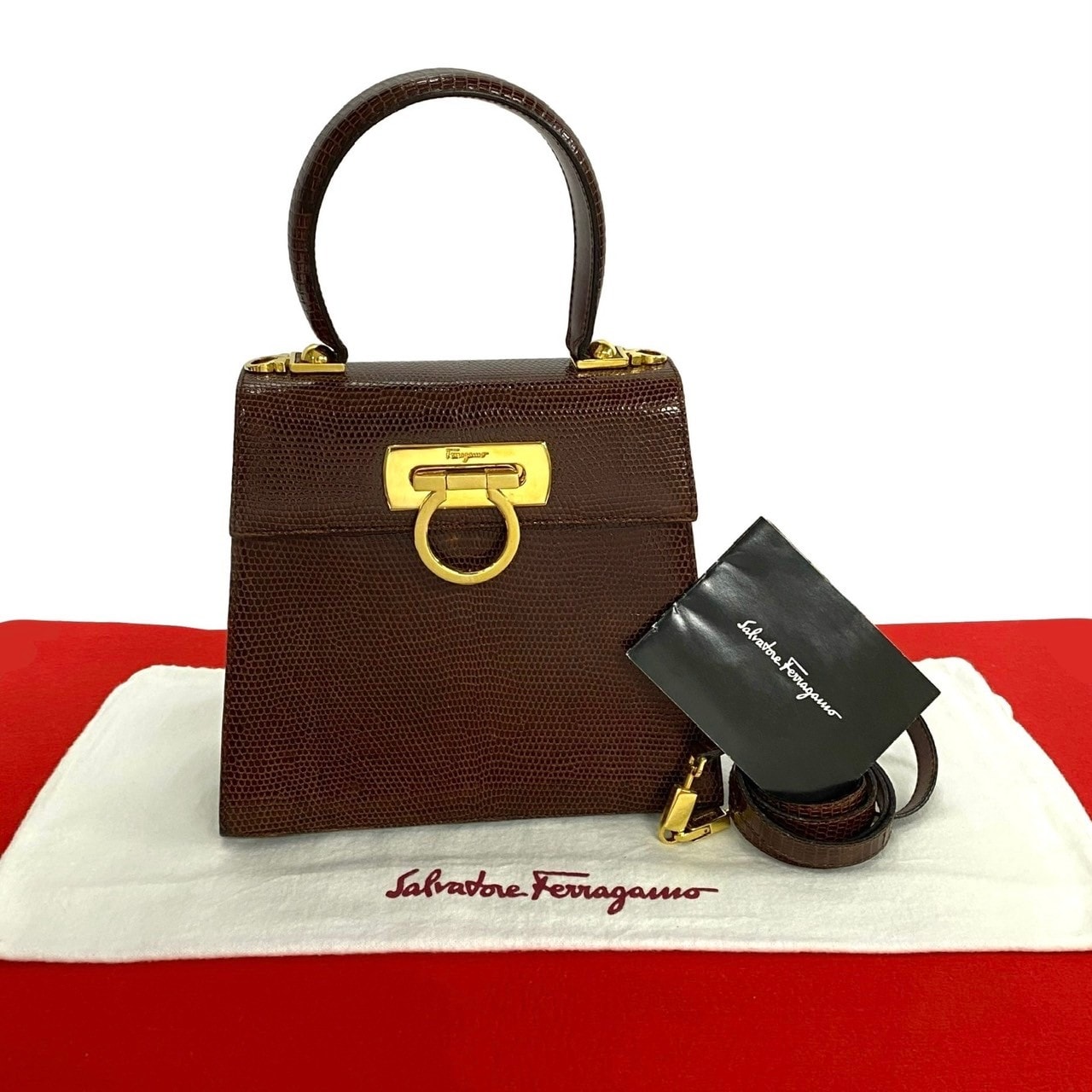 Salvatore Ferragamo サルヴァトーレフェラガモ ガンチーニ ロゴ 金具 リザード レザー ショルダーバッグ ブラウン
 47372