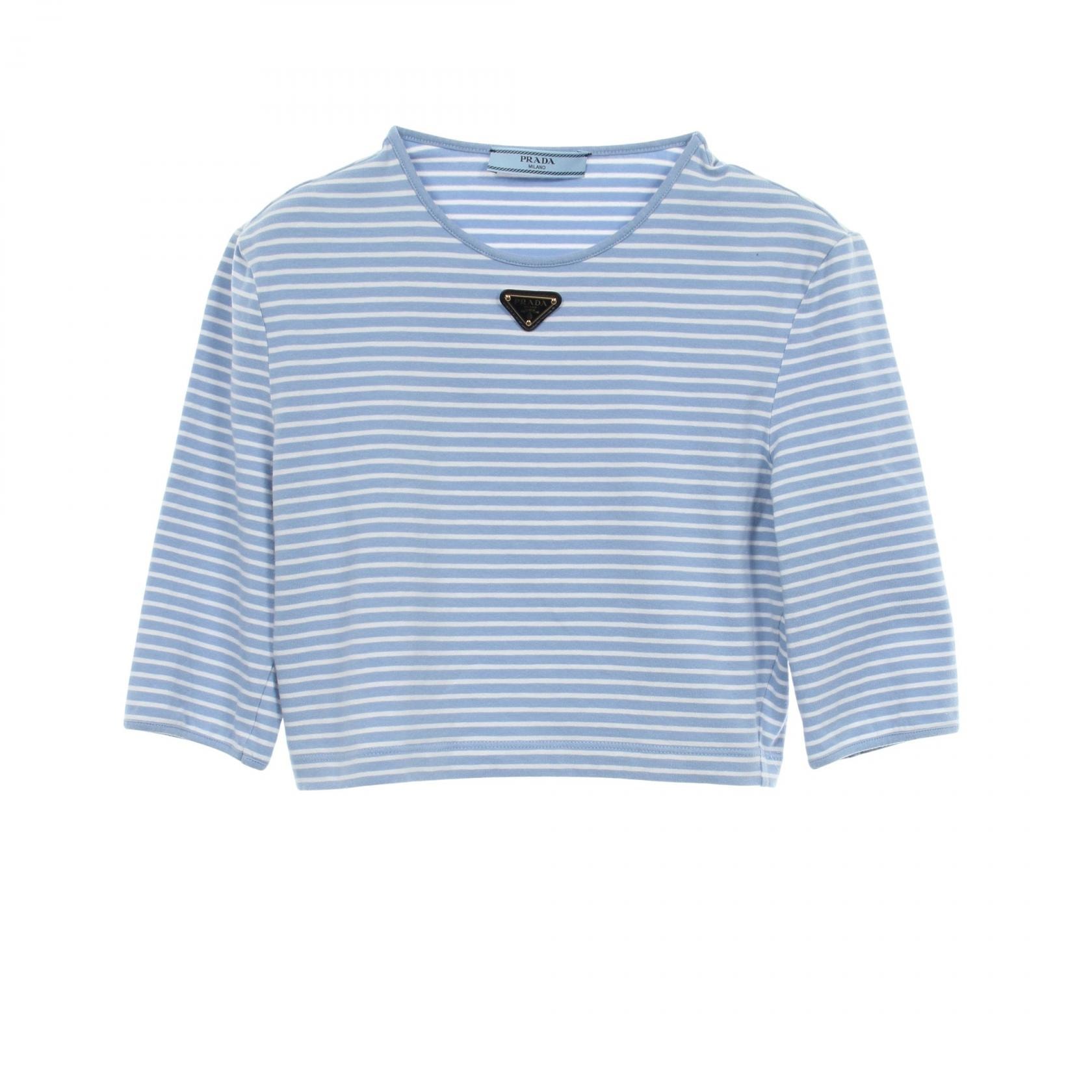 プラダ PRADA 三角プレート ボーダー クロップド 七分袖 カットソー 衣料品 トップス コットン レディース ブルー系 / ホワイト系 39578 【中古】